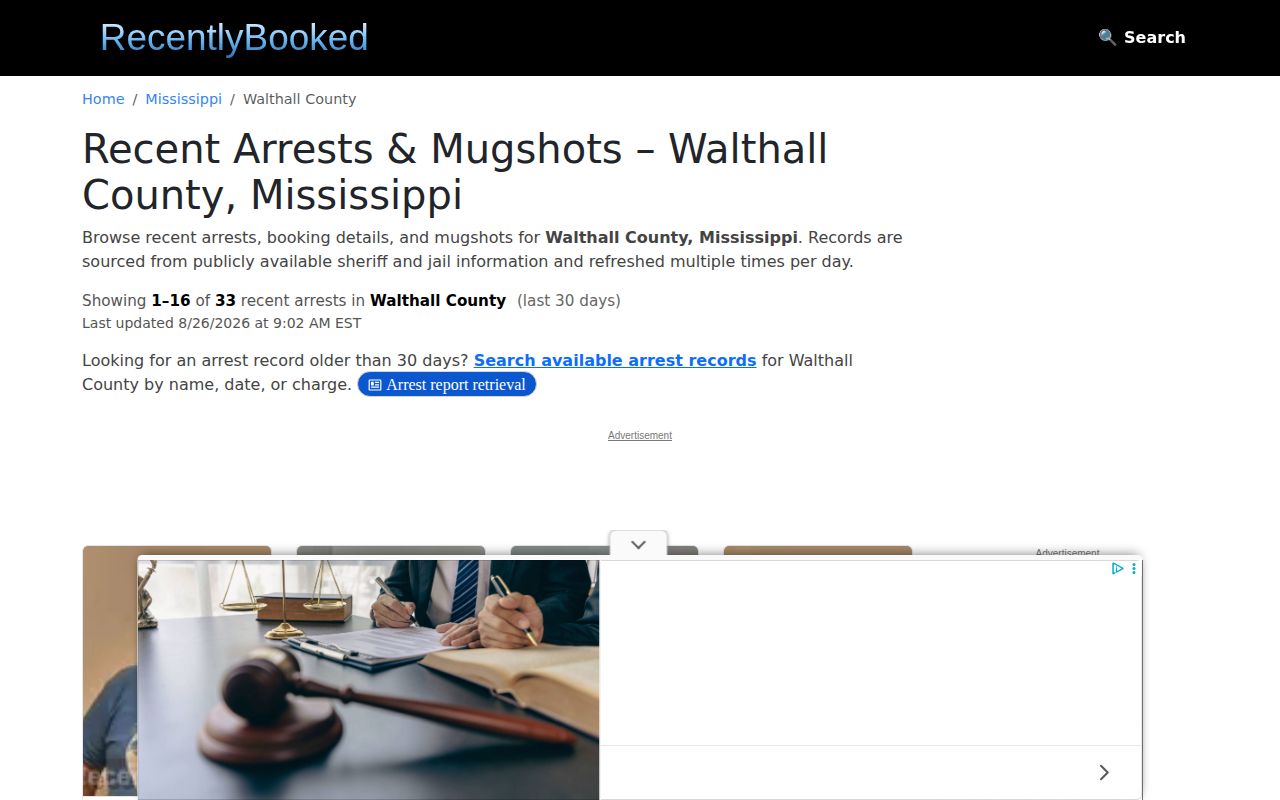 Walthall County booking record section on an unofficial private index